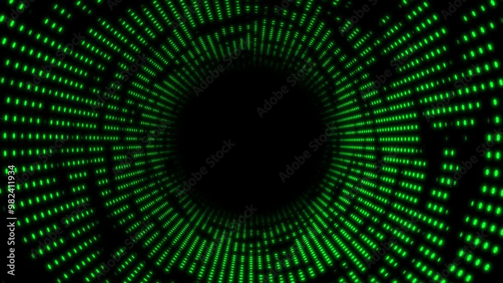 Green color glowing circular dots halftone design hi-tech loop able 3D tunnel on black background
