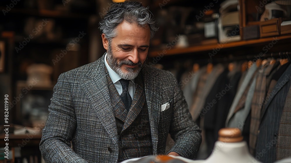 A tailor in his workshop, examining fabric for a new suit. A tailor in his workshop, examining fabric for a new suit.