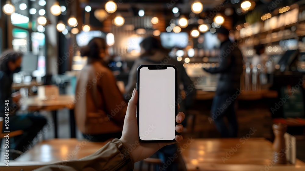 Obraz premium Smartphone Screen Mockup Held in Blurred Coffee Shop Background