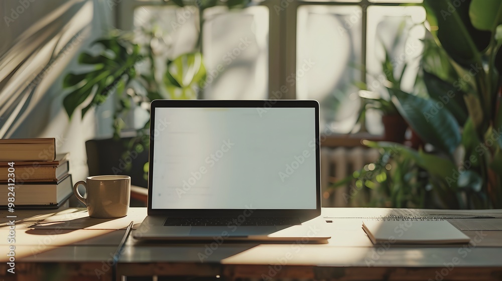 Laptop on Desk with Coffee Cup and Notebook in Cozy Home Office Setup Laptop on Desk with Coffee Cup and Notebook in Cozy Home Office Setup