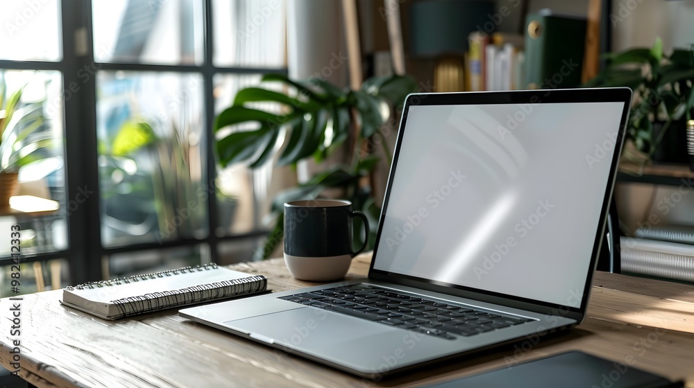 Fototapeta premium Blank Laptop Screen on Desk with Coffee Cup Notebook and Potted Plant in Cozy Home Office Mockup