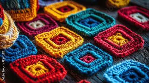 Colorful crocheted squares arranged on a wooden surface, showcasing textile craft.