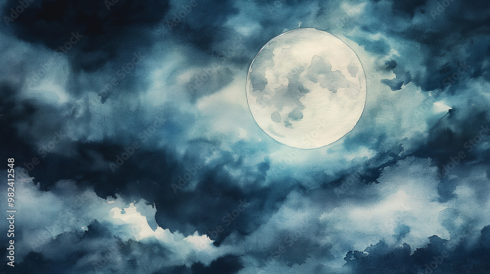 Watercolor full moon in cloudy sky, dark blue tones, night sky illustration Watercolor full moon in cloudy sky, dark blue tones, night sky illustration