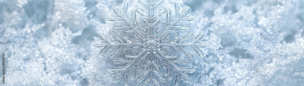 Close-up of a delicate snowflake resting on pristine snow, showcasing intricate details and a serene winter atmosphere. Close-up of a delicate snowflake resting on pristine snow, showcasing intricate details and a serene winter atmosphere.