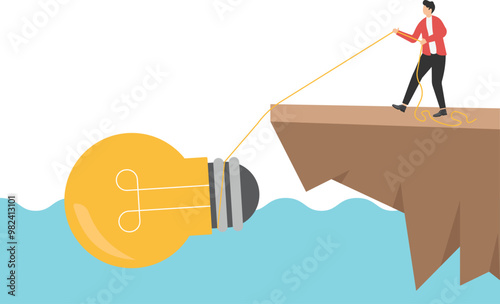 Businessman slowly pulls up a idea from under the cliff


