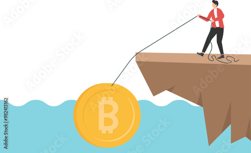 Businessman slowly pulls up a lot of money from under the cliff

