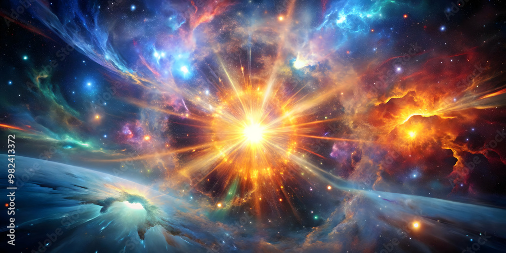 Fototapeta premium Abstract cosmic explosion with bursts of color, stars, and swirling nebulae