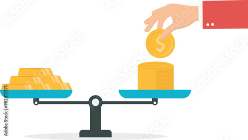 Rising Gold Prices, Gold Stock Market Bull Market, Buy Gold Investments, Holding a Banknote in Your Hand and Putting it on the Scale to Keep Balance with Gold

