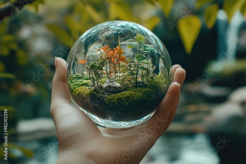 A hand holding a crystal ball filled with a miniature garden, representing nurturing mental and physical well - being photo