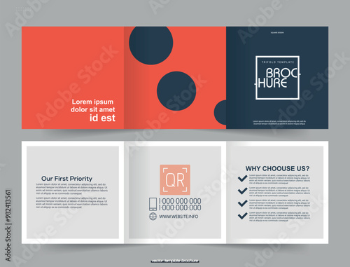 Red square trifold brochure. Postcard for kids. Cards Landing. Vector illustration