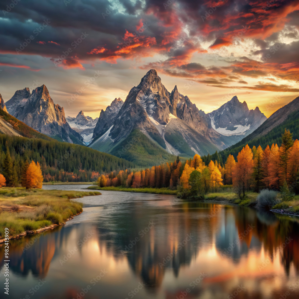 Obraz premium sunset in the mountainslake, mountain, landscape, mountains, water, reflection, nature, sky, forest, scenic, snow, canada, travel, park, mirror, autumn, national park, fall, clouds, view, national, sc