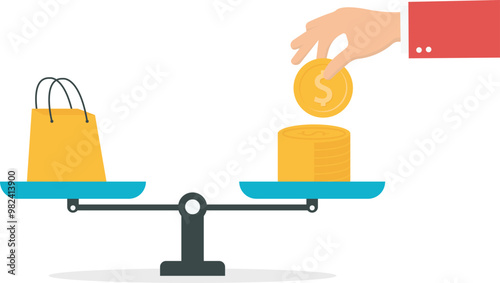 Inflation reduce value of money over time, high cost of living due to increase in product price concept. Businessman shocking about imbalanced scales with wads of banknotes and product.

