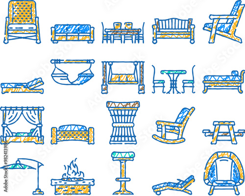 outdoor furniture garden terrace doodle icons set vector. sketch line art patio house, table home, summer balcony, wooden outside deck, luxury outdoor furniture garden terrace color illustrations