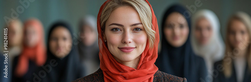 Diverse group of confident professional women smiling in hijabs, panorama