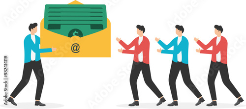 Paying employees, payday, wages or income, employee incentives or rewards, a bunch of silly pedestrians standing in an isometric line with envelopes full of bills in hand


