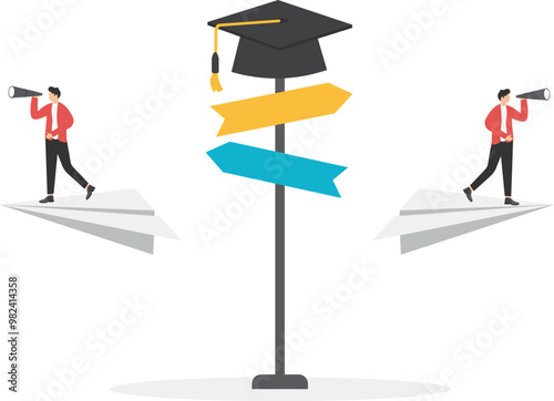 Career direction after graduation, education and employment issues, employment rate and unemployment rate, signposts with graduation caps and confused and helpless graduates

