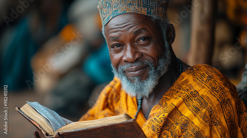 Elderly hausa man joyfully reading the Bible in traditional attire photo