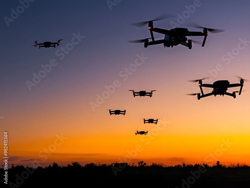 Dawn of the Drones: An Aerial Armada Ascends in Amber Ambience.