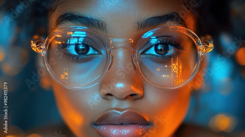 Close-up portrait of a young woman with clear glasses reflecting digital holographic data, in a futuristic setting with orange and blue glowing lights.