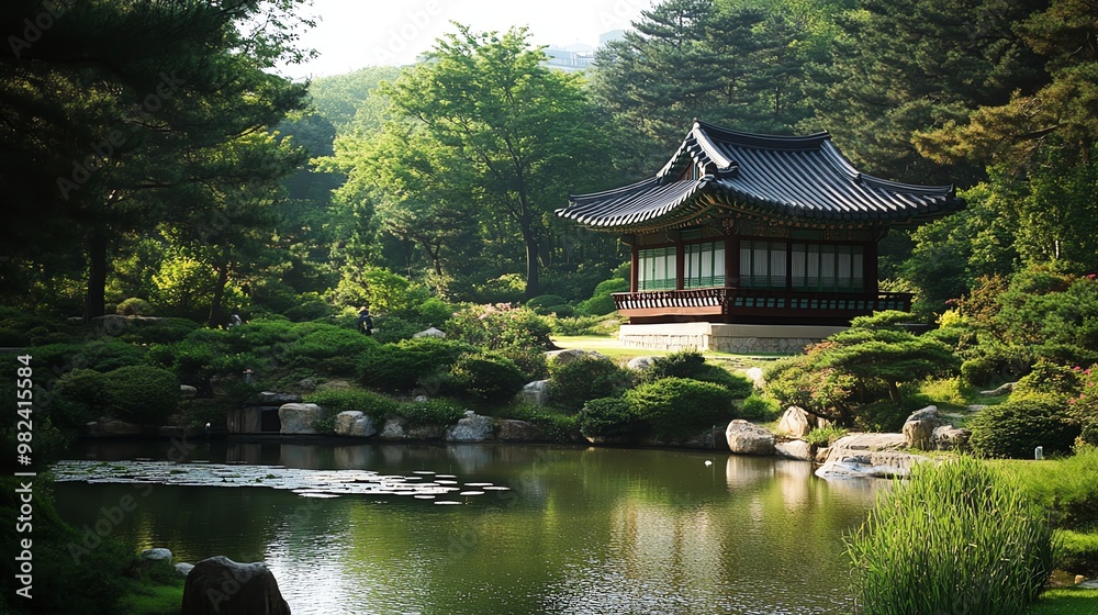A traditional Korean building sits on the edge of a pond in a garden setting. A traditional Korean building sits on the edge of a pond in a garden setting.