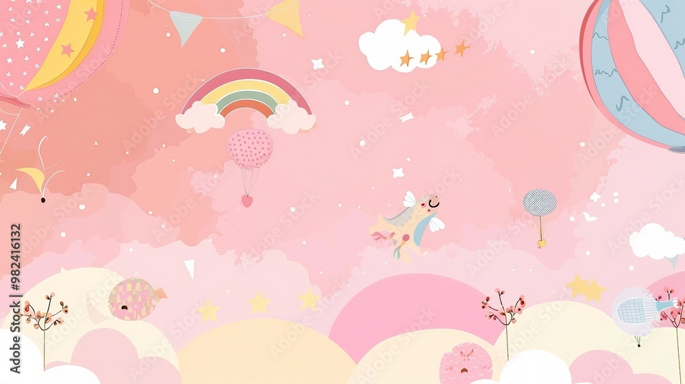A delightful children's cartoon scene set against a dreamy pink background. There are colorful and cute characters that might be animals or little people A delightful children's cartoon scene set against a dreamy pink background. There are colorful and cute characters that might be animals or little people