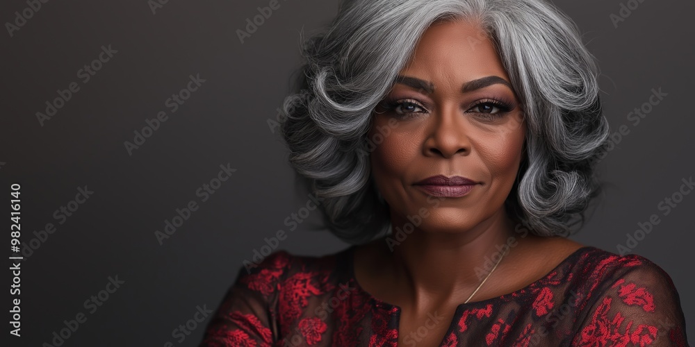 A African American woman with short hair and a red dress is posing for a photo. She has a serious expression on her face A African American woman with short hair and a red dress is posing for a photo. She has a serious expression on her face
