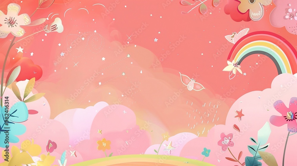 A delightful children's cartoon scene set against a dreamy pink background. There are colorful and cute characters that might be animals or little people A delightful children's cartoon scene set against a dreamy pink background. There are colorful and cute characters that might be animals or little people