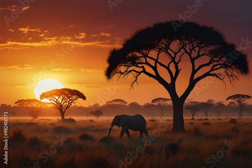 A vivid sunset over a savannah, casting warm hues across the grasslands and revealing the magical allure of twilight in the wild. Concept of the African wilderness. Generative AI photo