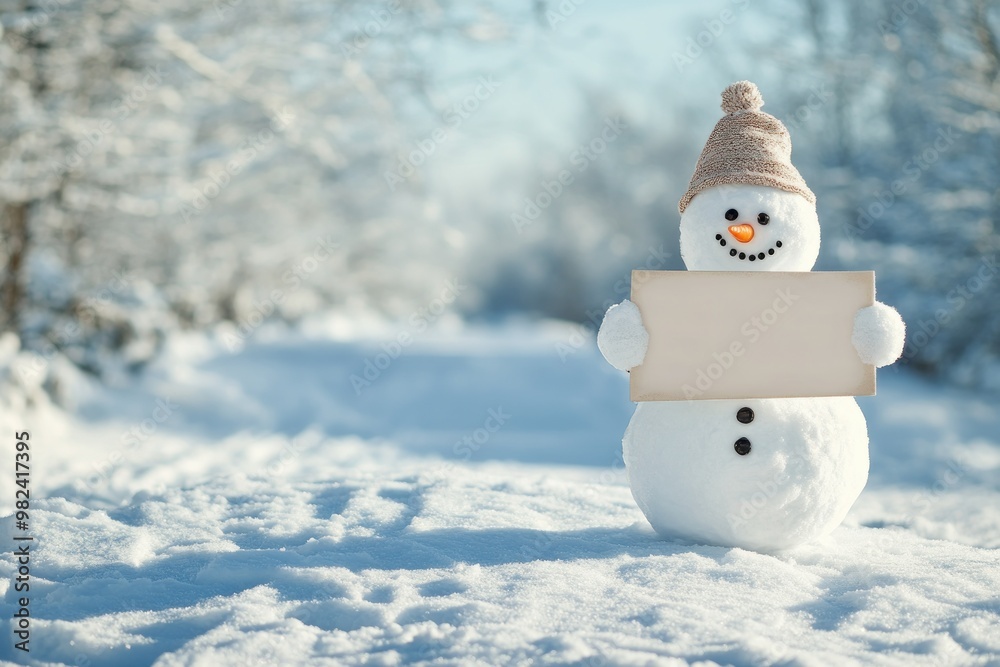 Obraz premium Snowman Holding a Blank Sign in a Snowy Landscape