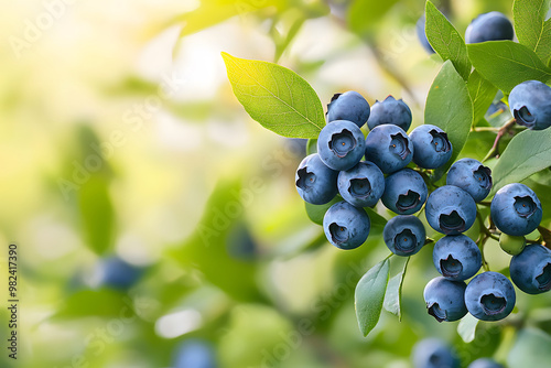 A blueberry bush with ripe blueberries,green leaves, and a blurred natural background,with space for text.