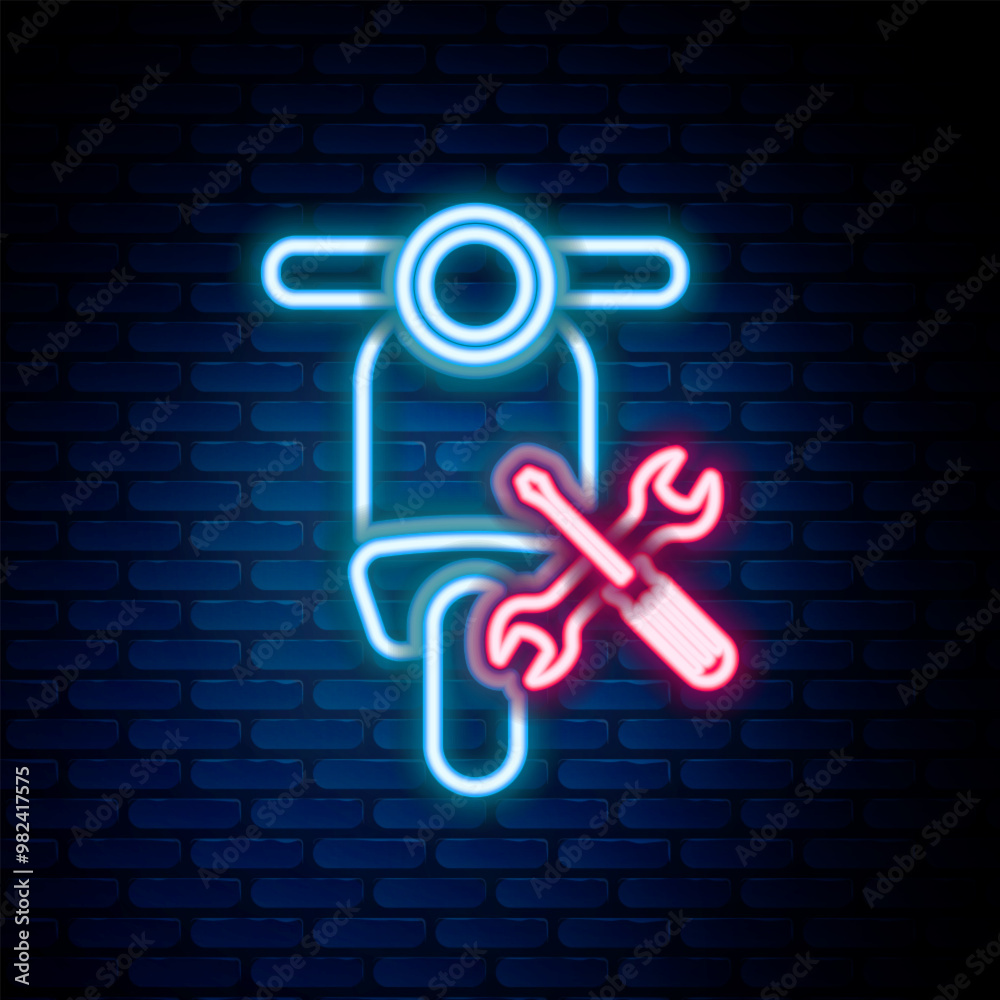 Glowing neon line Scooter with screwdriver and wrench icon isolated on brick wall background. Adjusting, service, setting, maintenance, repair, fixing. Colorful outline concept. Vector Glowing neon line Scooter with screwdriver and wrench icon isolated on brick wall background. Adjusting, service, setting, maintenance, repair, fixing. Colorful outline concept. Vector