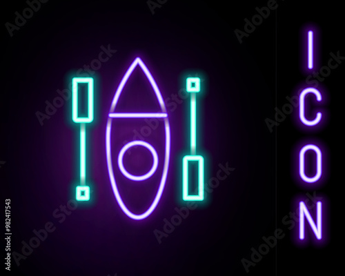 Glowing neon line Kayak and paddle icon isolated on black background. Kayak and canoe for fishing and tourism. Outdoor activities. Colorful outline concept. Vector
