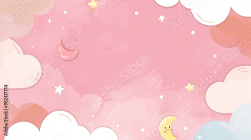 A delightful children's cartoon scene set against a dreamy pink background. There are colorful and cute characters that might be animals or little people