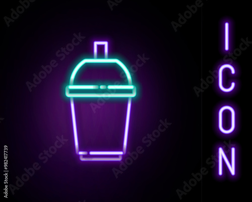 Glowing neon line Coffee cup to go icon isolated on black background. Colorful outline concept. Vector
