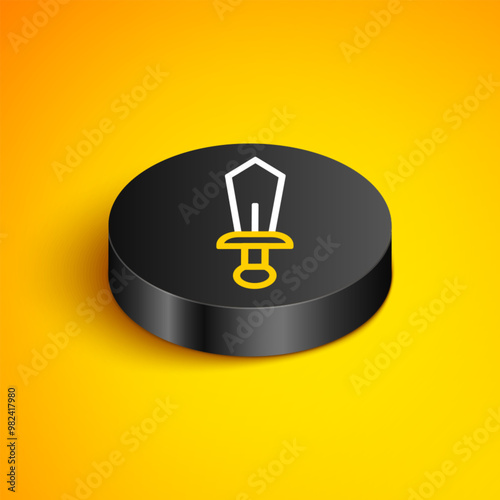 Isometric line Sword toy icon isolated on yellow background. Black circle button. Vector
