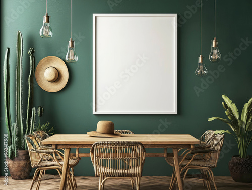 Interior of a room with white frame on wall, green walls, table and chairs. Created with Ai
