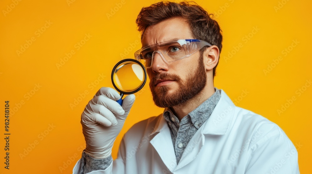 A scientist examines an object with a magnifying glass while wearing safety goggles and gloves against a bright yellow backdrop A scientist examines an object with a magnifying glass while wearing safety goggles and gloves against a bright yellow backdrop