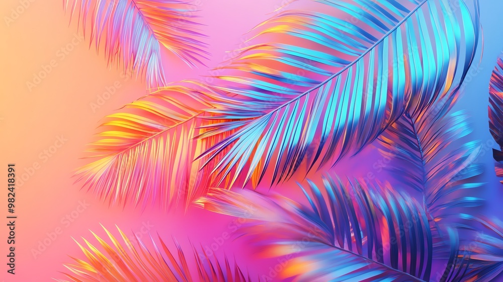 Tropical leaves illuminated in bright neon colors. Tropical leaves illuminated in bright neon colors.