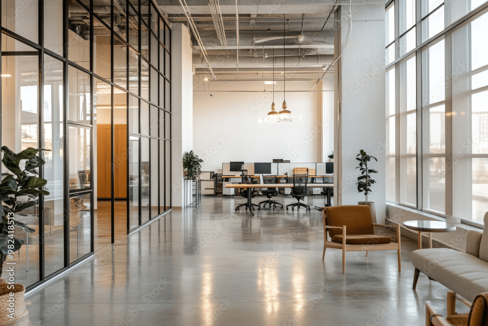 Modern office building with marble floor, tables, chairs and arm chairs. Created with Ai Modern office building with marble floor, tables, chairs and arm chairs. Created with Ai