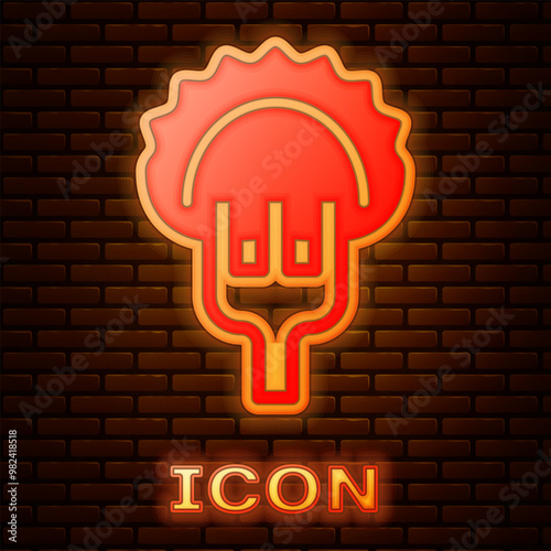 Glowing neon Dumplings on fork icon isolated on brick wall background. Pierogi, varenyky, pelmeni, ravioli. Traditional Ukrainian food. Vector