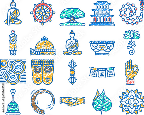 buddhism religion buddha thailand doodle icons set vector. sketch line art temple asia, religion monk, thai travel, asian statue, culture spiritual ancient buddhism religion buddha color illustrations