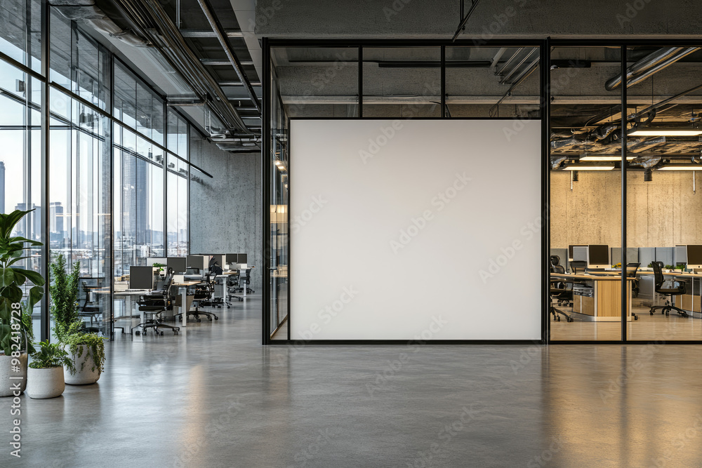 Large white frame in an office room, Frame mockup. Created with Ai Large white frame in an office room, Frame mockup. Created with Ai