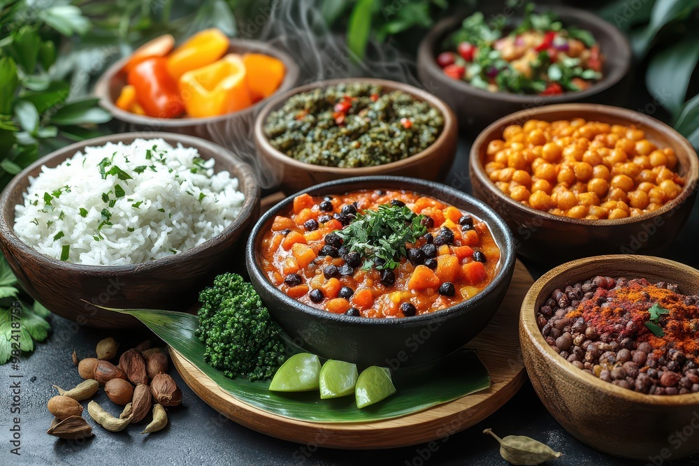exotic fusion cuisine on ecofriendly leaf plate vibrant array of traditional dishes colorful spices aromatic steam rising rustic wooden table backdrop exotic fusion cuisine on ecofriendly leaf plate vibrant array of traditional dishes colorful spices aromatic steam rising rustic wooden table backdrop
