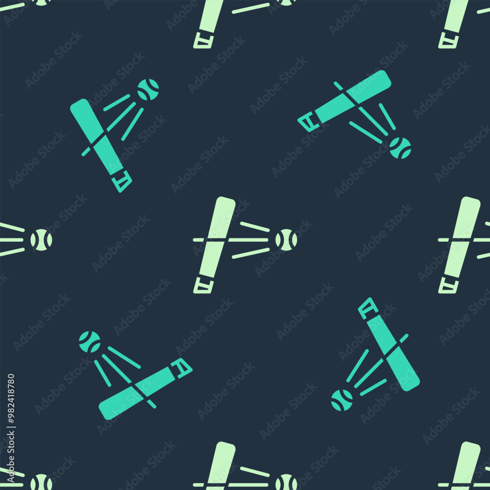 Green and beige Baseball bat with ball icon isolated seamless pattern on blue background. Vector Green and beige Baseball bat with ball icon isolated seamless pattern on blue background. Vector