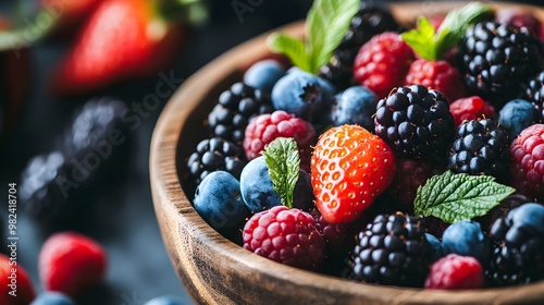 Close-up of a variety of fresh, colorful berries in a rustic wooden bowl, emphasizing their antioxidant properties and focus on promoting brain health and overall well-being 