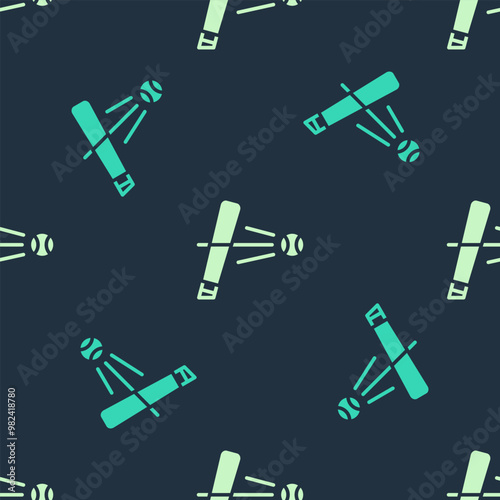 Green and beige Baseball bat with ball icon isolated seamless pattern on blue background. Vector