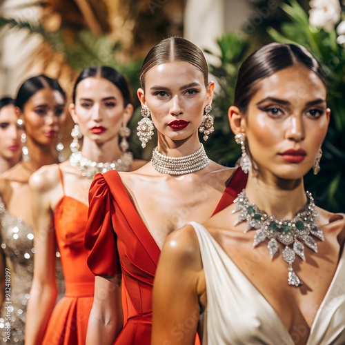 Elegant models showcase stunning jewelry and haute couture gowns on a runway photo