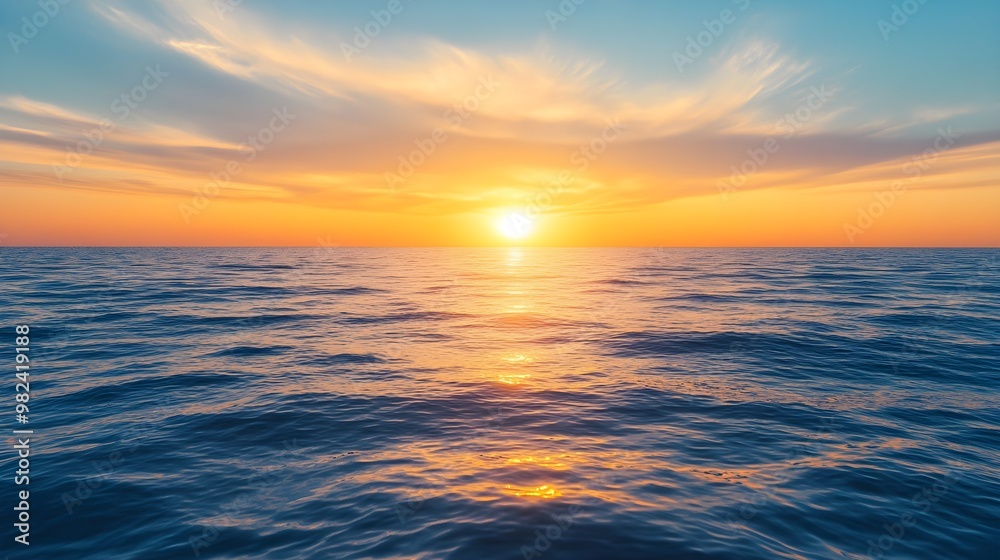 Obraz premium The sun rising gently over a peaceful ocean, creating a scene of calm and renewal, representing the concept of new beginnings and fresh opportunities with the morning light 