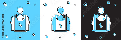 Set Bodybuilder showing his muscles icon isolated on blue and white, black background. Fit fitness strength health hobby concept. Vector