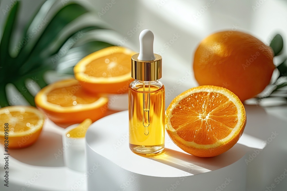 Serum oil vitamin C pipette dropper bottle on white podium copy space skin care beauty product. Anti aging antioxidant beauty serum vitamin C natural cosmetic Serum oil vitamin C pipette dropper bottle on white podium copy space skin care beauty product. Anti aging antioxidant beauty serum vitamin C natural cosmetic
